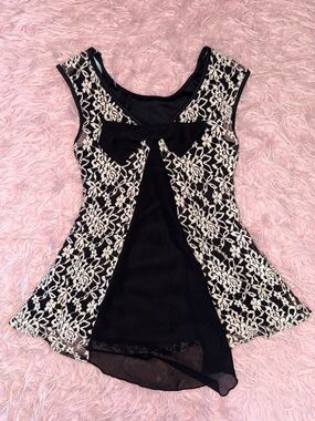 Black and Cream Lace Overlay Peplum Tank Top